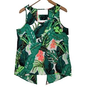VTG Express Green Tropical Print Crepe Cut-Out Back Sleeveless Top Size Medium
